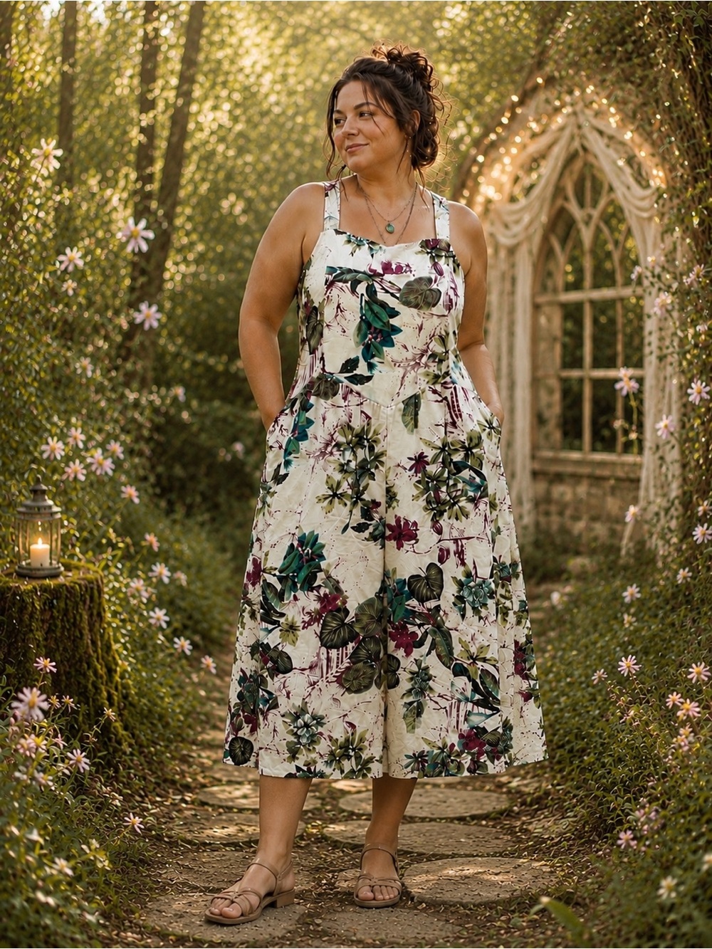 Botanical Floral Wide Leg Jumpsuit XL Cottagecore Fairycore Boho Pockets